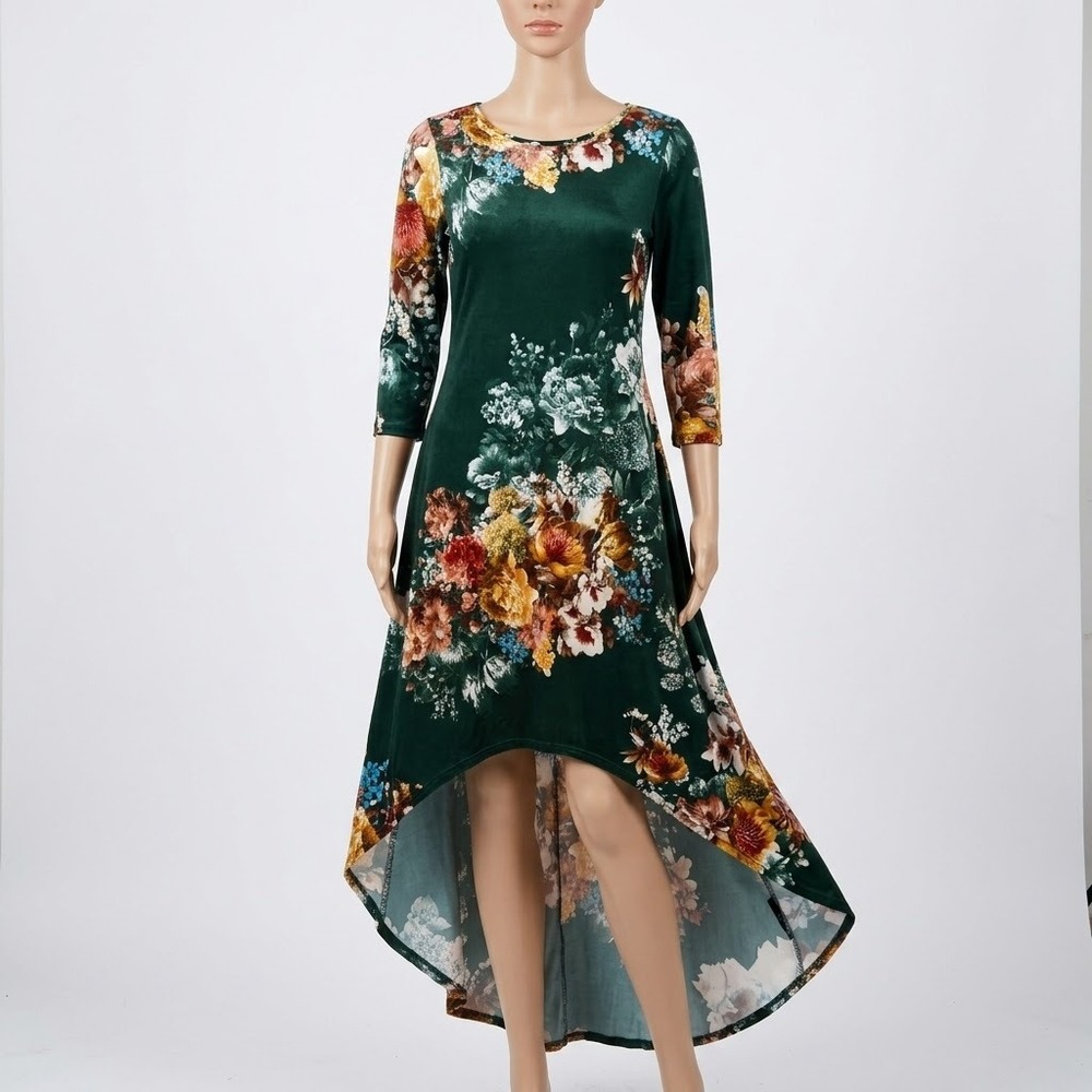 Bellamie Forest Green Floral High-Low Dress 3/4 Sleeve Round Neck Party Gown
